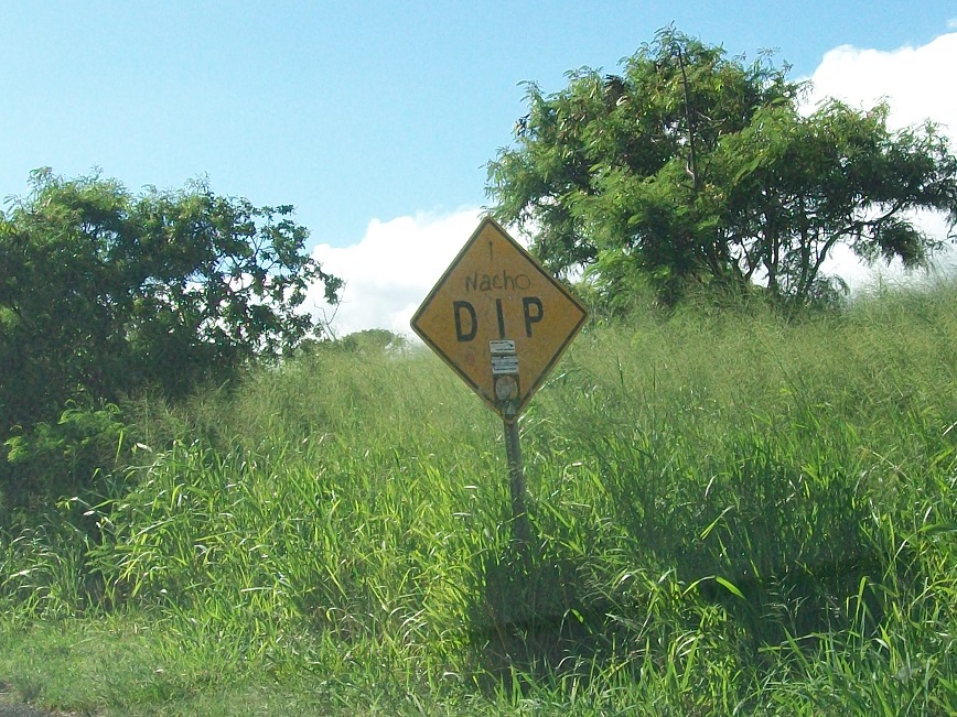 it's a road sign that says Dip, but above it, someone added the word Nacho